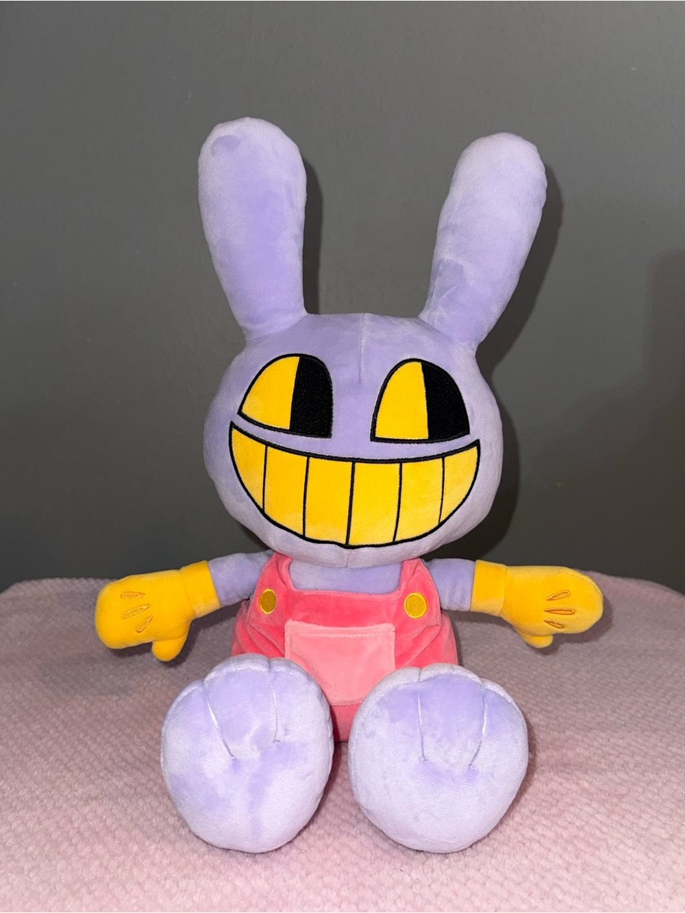 Purple Bunny Plush Toy with Yellow Face & Pink Overalls